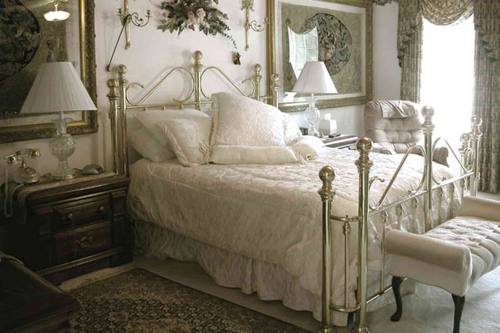 Scenic-Highway:-3780-Scenic-Ridge-Drive_09.jpg:  brass bed, battenberg lace, oriental rug, settee, swag drapes, marble floors, 
