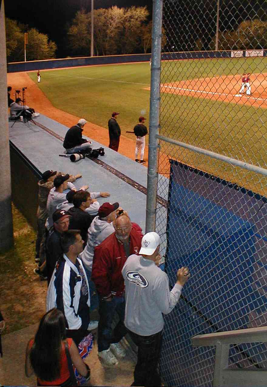 University-of-West-Florida:-Ballfield_14.jpg:  ballfield, college campus, home team, marcus swanson, dugout, bat, ball, spectators