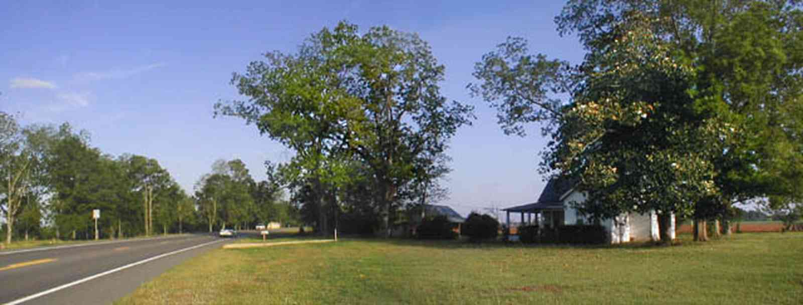 Walnut-Hill:-Ward-Farm_01.jpg:  farmland, craftsman style home, oak tree, magnolia tree, highway 97, corn field, menonite religious community, two-lane road, curving road, escambia county