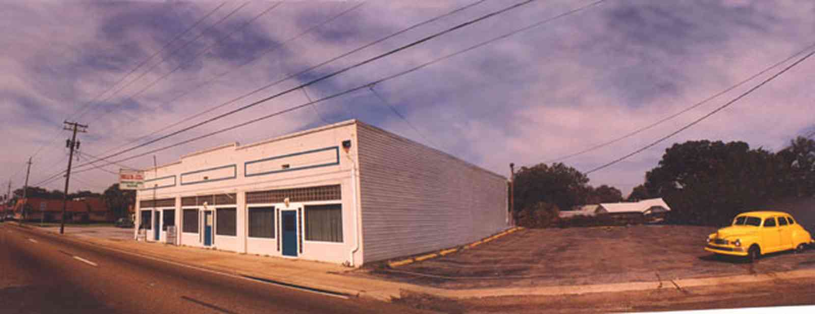 Warrington:-Bills-Fine-Foods_1.jpg:  restaurant, 1940's architectural style, homestyle cooking, yellow 1940's automobile