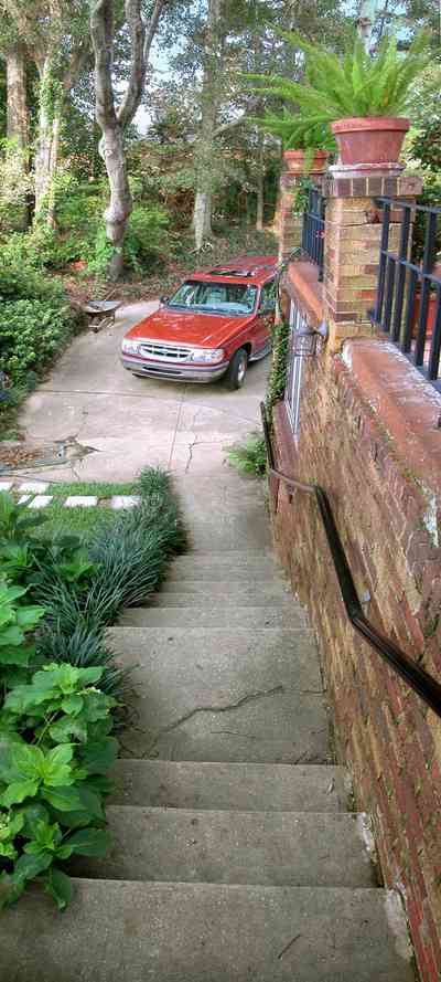 East-Hill:-1801-East-La-Rua-Street_06b.jpg:  stairs, ivy, patio, stepping stones, suv vehicle, driveway, garden, backyard